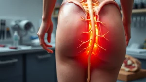 Immagine fotorealistica di una dissezione anatomica della regione glutea e della coscia posteriore che evidenzia il nervo sciatico nel suo percorso, obiettivo prime 35mm, illuminazione da studio che crea ombre morbide, focus selettivo sul nervo, contesto di laboratorio anatomico con strumenti di dissezione visibili sullo sfondo.