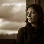 Ritratto fotografico di una giovane donna italiana sui 30 anni, sguardo pensieroso rivolto verso un futuro incerto rappresentato da un cielo nuvoloso fuori dalla finestra. La luce è soffusa, l'atmosfera è intima e riflessiva, evocando l'ansia climatica e le decisioni sulla fertilità. Obiettivo 35mm, profondità di campo media, toni duotone seppia e grigio per un effetto malinconico.