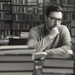 Ritratto intenso di uno studente di medicina pensieroso, seduto in biblioteca circondato da libri. Luce soffusa laterale, obiettivo 50mm, profondità di campo che isola lo studente, atmosfera riflessiva, bianco e nero con grana fine.