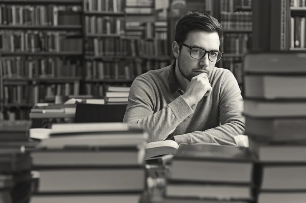 Ritratto intenso di uno studente di medicina pensieroso, seduto in biblioteca circondato da libri. Luce soffusa laterale, obiettivo 50mm, profondità di campo che isola lo studente, atmosfera riflessiva, bianco e nero con grana fine.