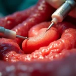 Visualizzazione dettagliata dell'anatomia della regione pancreatico-duodenale durante un intervento chirurgico complesso, con strumenti chirurgici in azione. Focus sull'area di resezione, illuminazione chirurgica intensa che evidenzia i tessuti. Obiettivo macro 80mm, alta definizione, realismo clinico.