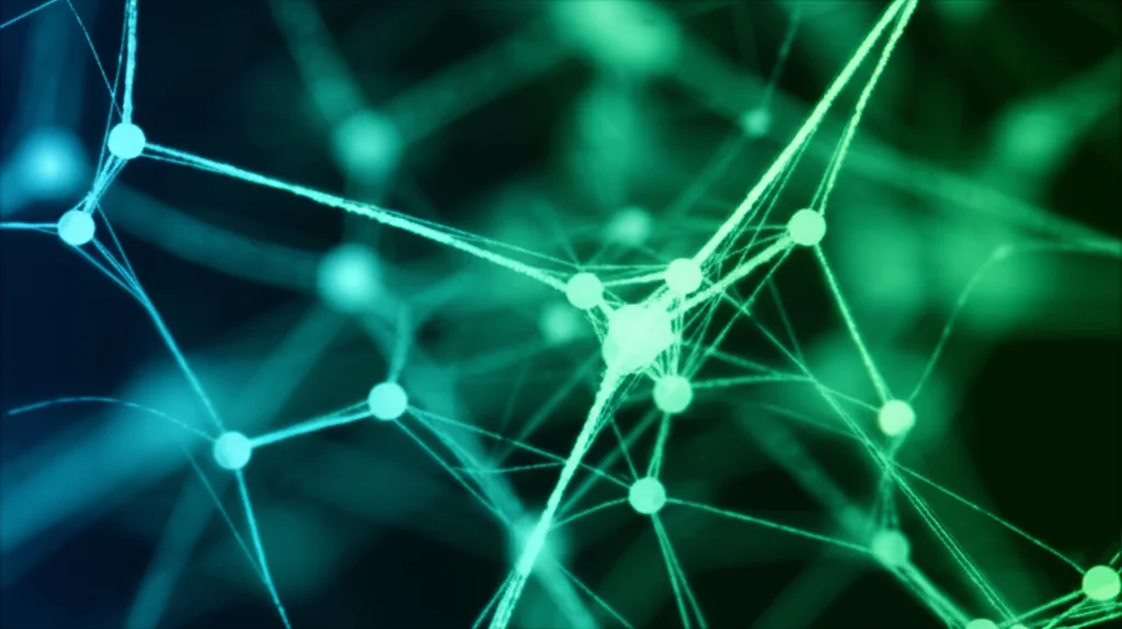 Scatto macro ravvicinato, obiettivo da 85 mm, di flussi di dati digitali astratti brillanti che rappresentano connessioni di rete neurale che elaborano dati alimentari, dettagli elevati, messa a fuoco precisa, illuminazione a blu controllata e verde duotono.