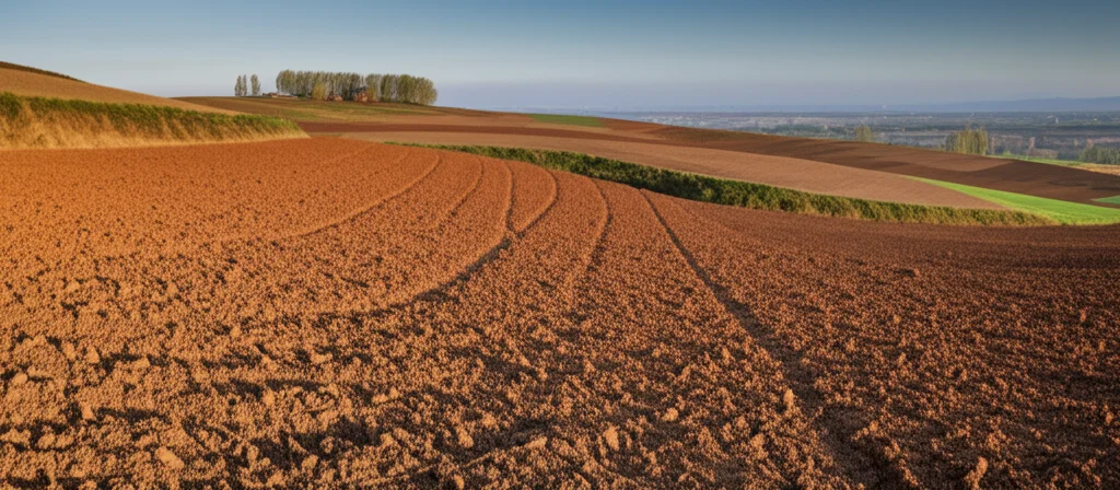 Fotografia paesaggistica dell'ecotono agro-pastorale nel nord della Cina, obiettivo grandangolare 15mm, luce del tardo pomeriggio che evidenzia le texture del terreno eroso su un pendio coltivato, focus nitido.
