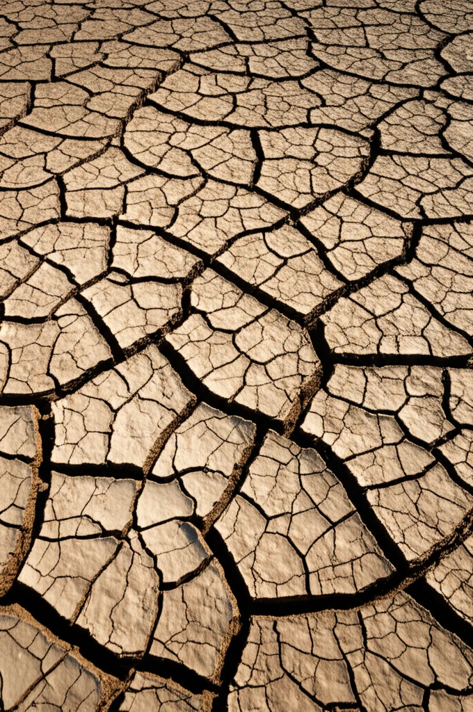 Primo piano macro di terreno arido e screpolato nell'ecotono cinese, obiettivo macro 90mm, alta definizione dei dettagli delle crepe e della texture del suolo, illuminazione laterale per accentuare il rilievo.