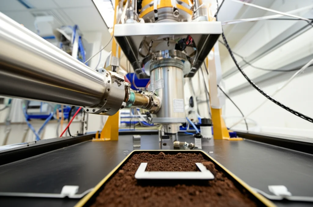 Fotografia di un laboratorio scientifico con un rilevatore gamma all'germanio ad alta purezza (HPGe) che analizza un campione di suolo. Obiettivo 50mm, focus selettivo sul rilevatore e sul campione, illuminazione controllata da laboratorio.