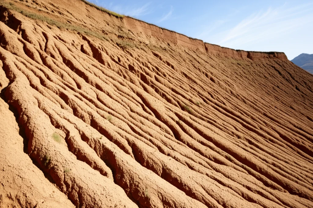 Campo coltivato su un pendio ripido (10-15 gradi) nell'area del Loess Plateau in Cina, che mostra evidenti segni di erosione idrica come solchi (rills). Obiettivo grandangolare 24mm, focus nitido sull'intera scena per evidenziare la pendenza e l'erosione.