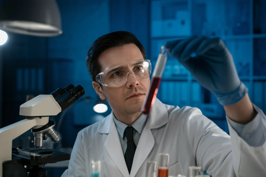 Ritratto di un ricercatore scientifico che osserva attentamente una provetta con un campione di sangue in un laboratorio moderno e ben illuminato, sfondo con attrezzature scientifiche, lente 35mm, stile film noir.