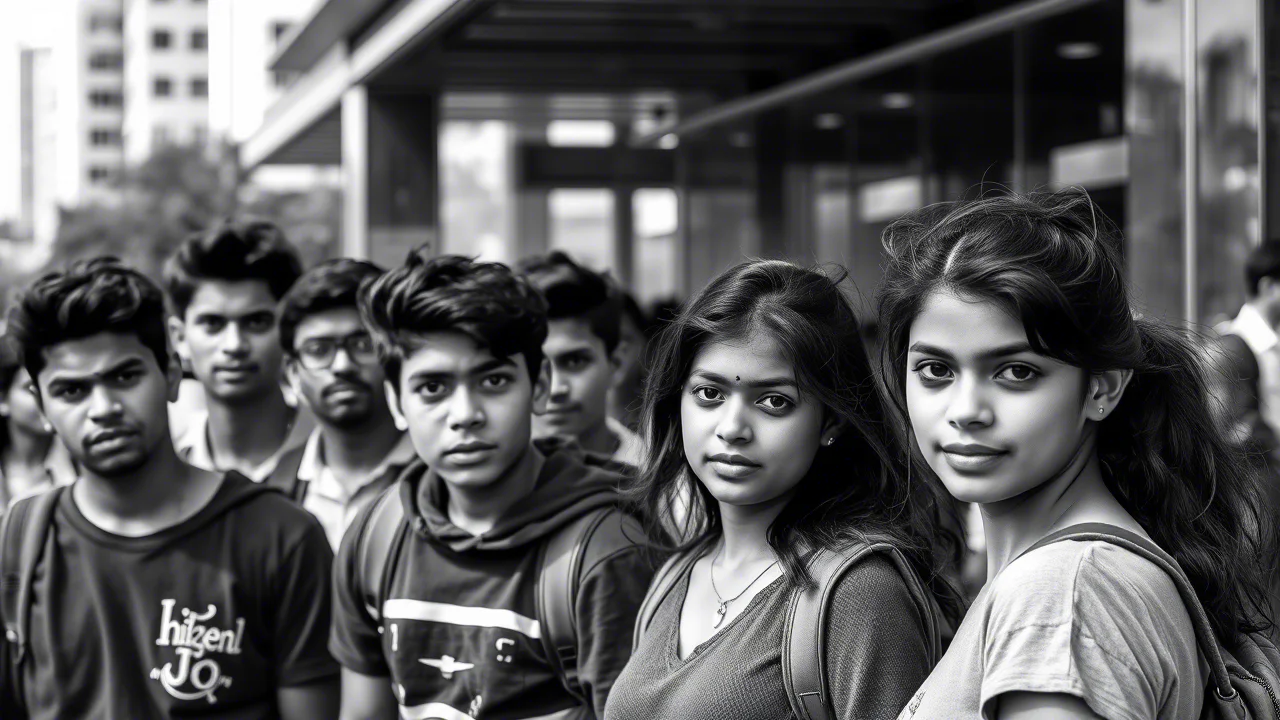 Ritratto fotografico di gruppo di adolescenti sud-asiatici, maschi e femmine, in un contesto urbano moderno. Alcuni guardano verso l'obiettivo, altri sono assorti. Obiettivo prime 35mm, profondità di campo media per mantenere il gruppo a fuoco ma sfocare leggermente lo sfondo cittadino, luce naturale pomeridiana, bianco e nero per enfatizzare le espressioni e l'atmosfera emotiva.
