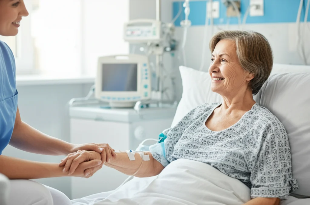 Fotografia di ritratto, primo piano emotivo di un paziente in emodialisi (donna, circa 60 anni) che sorride debolmente mentre tiene la mano di un familiare o caregiver in un ambiente ospedaliero luminoso ma clinico. Obiettivo prime 35mm, profondità di campo ridotta per sfocare lo sfondo e isolare il soggetto, luce naturale morbida dalla finestra, toni leggermente caldi per trasmettere empatia.