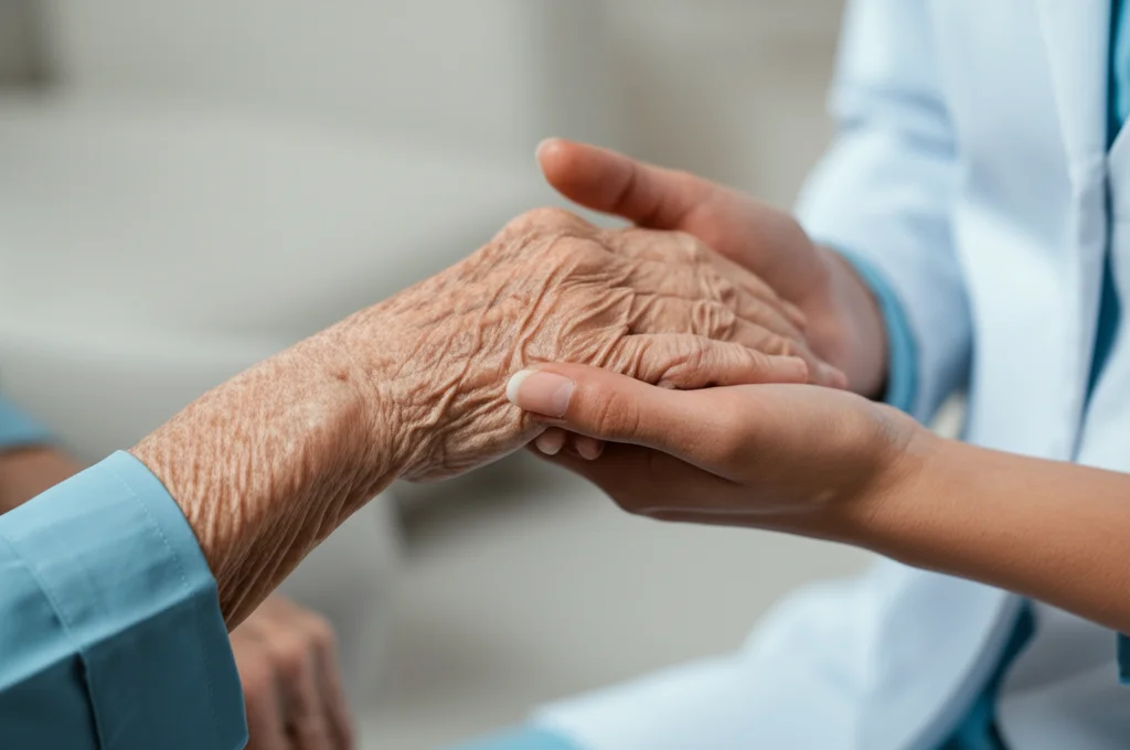 Fotografia macro di due mani che si stringono delicatamente, una più anziana e con segni visibili della terapia (paziente), l'altra più giovane e curata (operatore sanitario o familiare), su uno sfondo neutro e leggermente sfocato. Obiettivo macro 100mm, messa a fuoco estremamente precisa sulle texture delle mani, illuminazione laterale morbida per creare un leggero contrasto e profondità, alto dettaglio per enfatizzare il contatto umano.