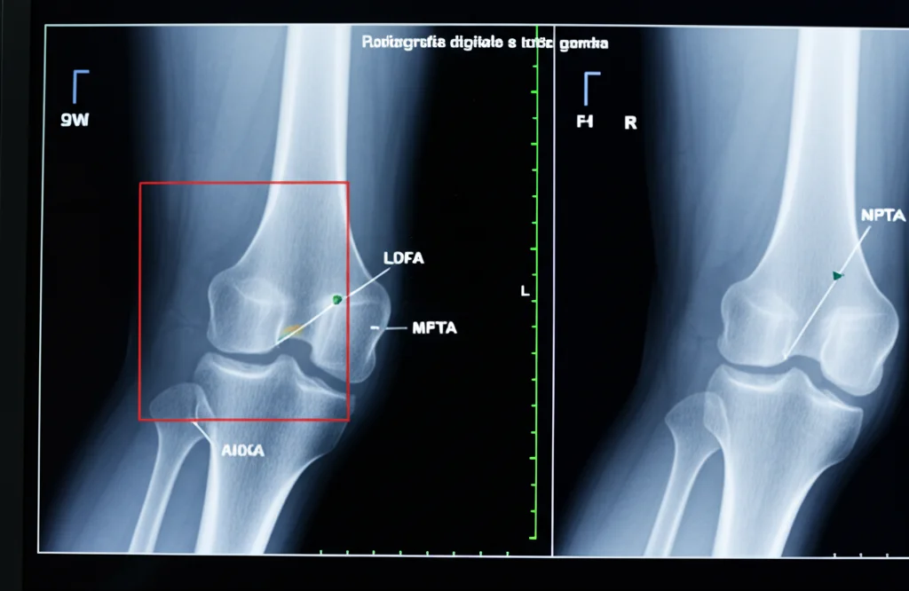 Radiografia digitale a tutta gamba visualizzata su uno schermo medicale ad alta risoluzione, con sovrapposizioni grafiche che evidenziano gli angoli LDFA e MPTA utilizzati per calcolare l'angolo aHKA. Messa a fuoco precisa sullo schermo, illuminazione ambientale soffusa.