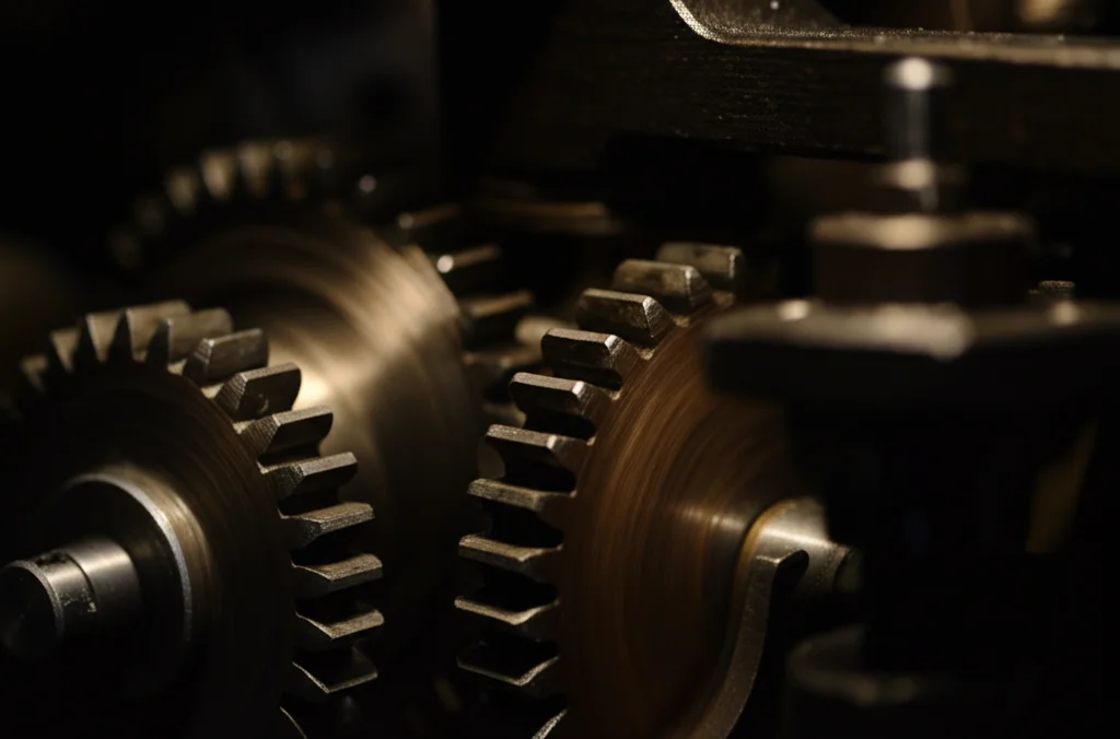 Visualizzazione astratta di un processo iterativo lento, rappresentato da ingranaggi che girano lentamente con colori opachi e scuri, obiettivo macro 60mm, illuminazione soffusa, bassa profondità di campo.