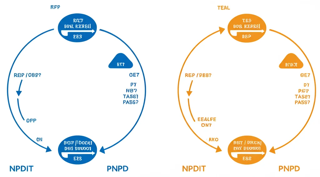 Diagramma di flusso comparativo stilizzato che mostra due percorsi: uno (NPDIT) con un ciclo interno complesso e più passaggi, l'altro (PNPD) con un ciclo interno più snello. Illuminazione chiara, grafica pulita con colori contrastanti (es. blu e arancione).