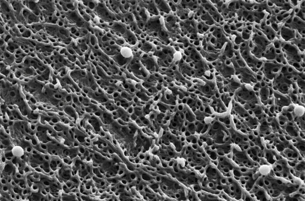 Micrografia elettronica a scansione di cellule di epatocarcinoma (HCC) che mostrano una morfologia alterata, obiettivo macro 100mm, alta definizione, illuminazione controllata per evidenziare le strutture superficiali.