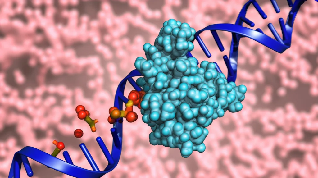 Illustrazione 3D del fattore di trascrizione RBPJ (blu) che si lega al promotore del gene FBL sul DNA (elicoidale), attivandone l'espressione. Stile visualizzazione scientifica, obiettivo prime 35mm, profondità di campo per isolare l'interazione.