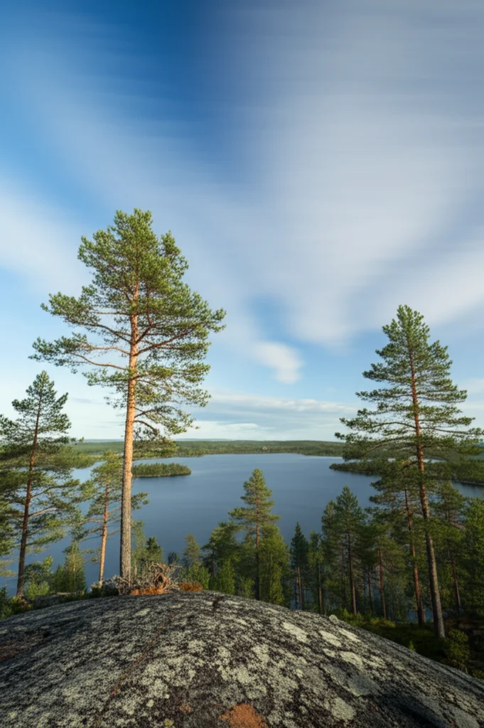 Fotografia paesaggistica, obiettivo grandangolare 18mm, che cattura un'ampia vista della Fennoscandia settentrionale in estate. Foreste di pini, un lago calmo sotto un cielo estivo insolitamente terso e luminoso. Lunga esposizione per ammorbidire leggere nuvole, messa a fuoco nitida sul paesaggio, trasmettendo una sensazione di calore intenso e aria ferma.