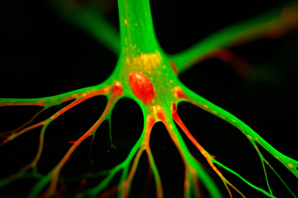 Fotografia macro di un circuito neurale stilizzato che si illumina intensamente nelle aree V1 e MT, rappresentando il percorso del segnale visivo complesso di un flusso liquido. Dettagli precisi, illuminazione controllata drammatica, obiettivo macro 100mm, alta definizione.