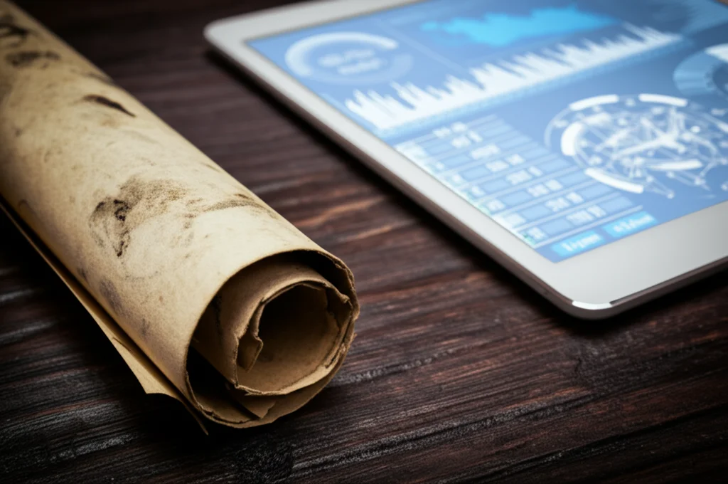 Fotografia macro di un vecchio cianotipo arrotolato, leggermente impolverato, appoggiato su un tavolo di legno scuro; accanto, un tablet moderno mostra grafici di dati tecnologici complessi. Illuminazione controllata, lente macro 100mm, alta definizione, focus preciso sulla texture della carta e sullo schermo luminoso.