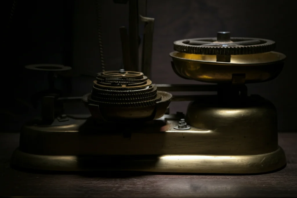 Still life fotografico di una bilancia antica in ottone. Su un piatto, una pila disordinata di piccoli ingranaggi metallici. Sull'altro piatto, un singolo ingranaggio grande e complesso, finemente lavorato. Lente macro 60mm, illuminazione drammatica laterale, alta definizione, focus selettivo sul grande ingranaggio.