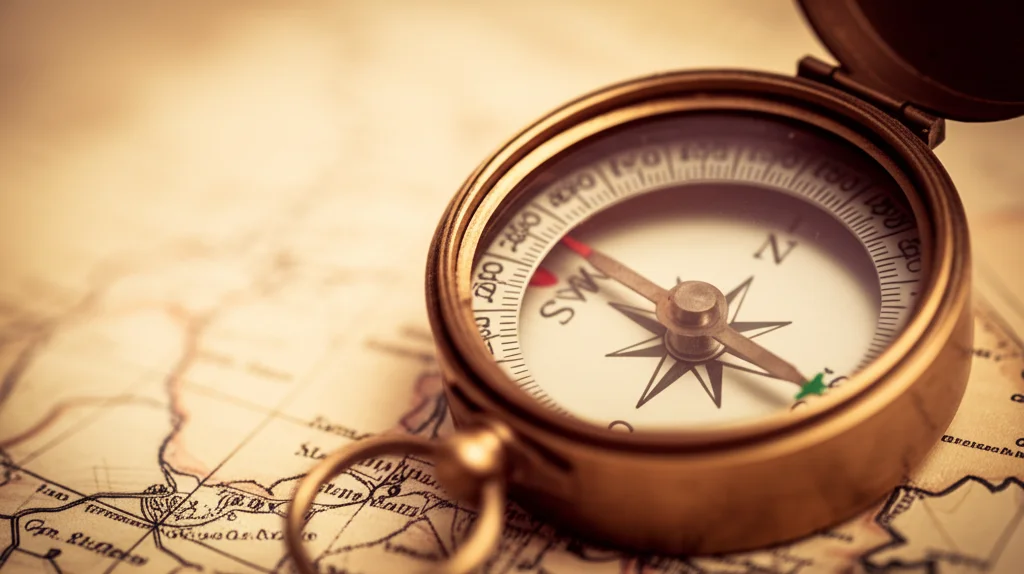 Fotografia macro di un vecchio compasso appoggiato su una mappa strategica. L'ago del compasso punta decisamente verso una nuova area inesplorata della mappa, lontano da un percorso ben tracciato. Lente macro 85mm, profondità di campo ridotta, illuminazione calda e mirata sull'ago del compasso, alta definizione.