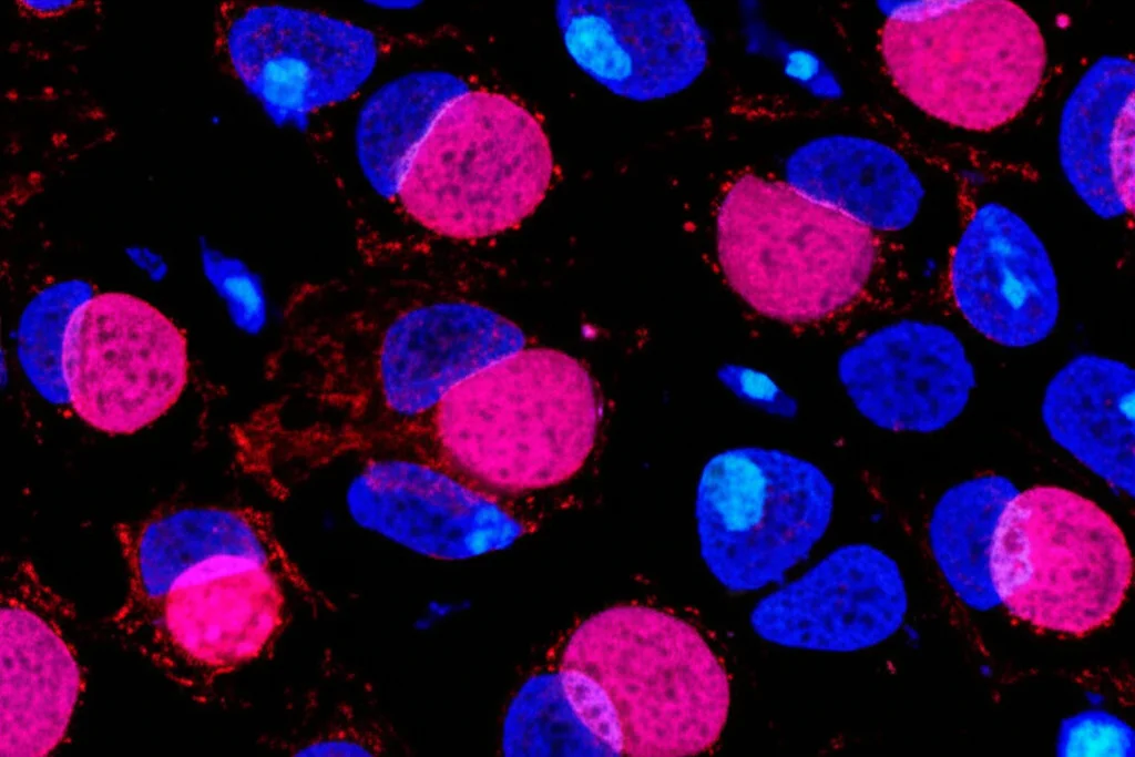 Visualizzazione microscopica del microambiente tumorale del cancro al seno triplo negativo, con cellule tumorali (rosa) circondate da diverse cellule immunitarie (blu, viola). Illuminazione controllata, lente macro 90mm, alta definizione per mostrare l'interazione cellulare.