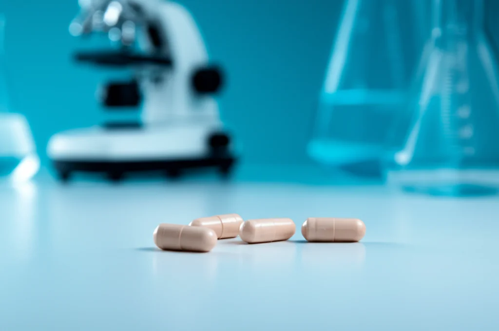 Primo piano di capsule o compresse del farmaco posaconazolo su un bancone da laboratorio, con background sfocato di attrezzature scientifiche. Lente macro 100mm, illuminazione precisa, alta definizione del farmaco.