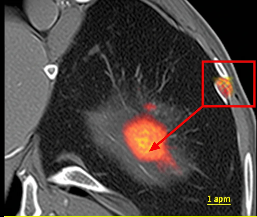 Immagine MRI che mostra un tumore al seno in un modello murino umanizzato prima e dopo il trattamento. Dettaglio elevato dell'immagine medica, contrasto definito tra tessuto sano e tumorale. Schermo diagnostico.