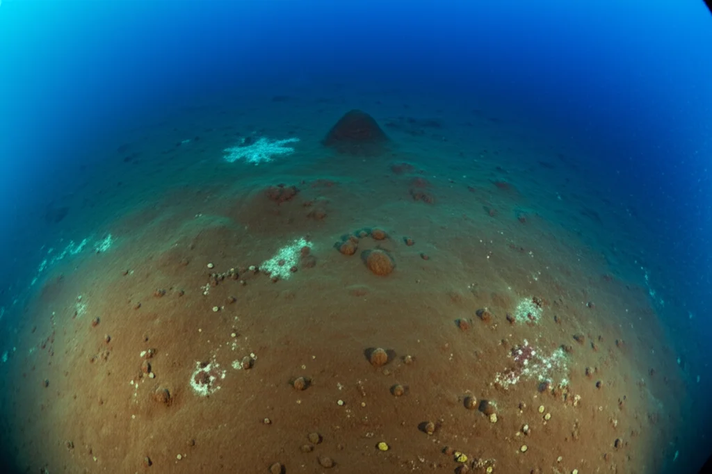 Ampia veduta sottomarina del Polaris Mud Volcano Complex nel Mare di Barents, wide-angle 10mm, long exposure per acqua liscia. Mostra diversi cumuli piatti di vulcani di fango sul fondale marino artico, con deboli emissioni visibili e piccole aree di vita chemosintetica. Luce ambientale fioca tipica delle profondità marine.