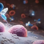 Concetto astratto della lotta immunitaria contro il cancro al seno: cellule immunitarie stilizzate (bianche e blu brillanti) che attaccano cellule tumorali (rosa scuro) su uno sfondo microambientale complesso. Profondità di campo, illuminazione drammatica, stile cinematografico, lente 35mm.