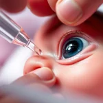 Fotografia macro di un collirio al desametasone che viene delicatamente instillato nell'occhio di un neonato prematuro in un'incubatrice, illuminazione controllata, messa a fuoco precisa sulla goccia, obiettivo macro 100mm, alta definizione.