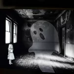 Illustrazione concettuale che fonde elementi del libro 'There's a Ghost in This House' con simboli di liminalità: una pagina trasparente con un fantasma stilizzato sovrapposta a una fotografia in bianco e nero di una vecchia stanza vuota, con la figura disegnata di una bambina che si intravede da un lato. Illuminazione drammatica e soffusa, stile leggermente gotico, obiettivo prime 50mm, profondità di campo selettiva.