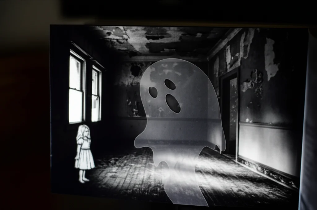 Illustrazione concettuale che fonde elementi del libro 'There's a Ghost in This House' con simboli di liminalità: una pagina trasparente con un fantasma stilizzato sovrapposta a una fotografia in bianco e nero di una vecchia stanza vuota, con la figura disegnata di una bambina che si intravede da un lato. Illuminazione drammatica e soffusa, stile leggermente gotico, obiettivo prime 50mm, profondità di campo selettiva.