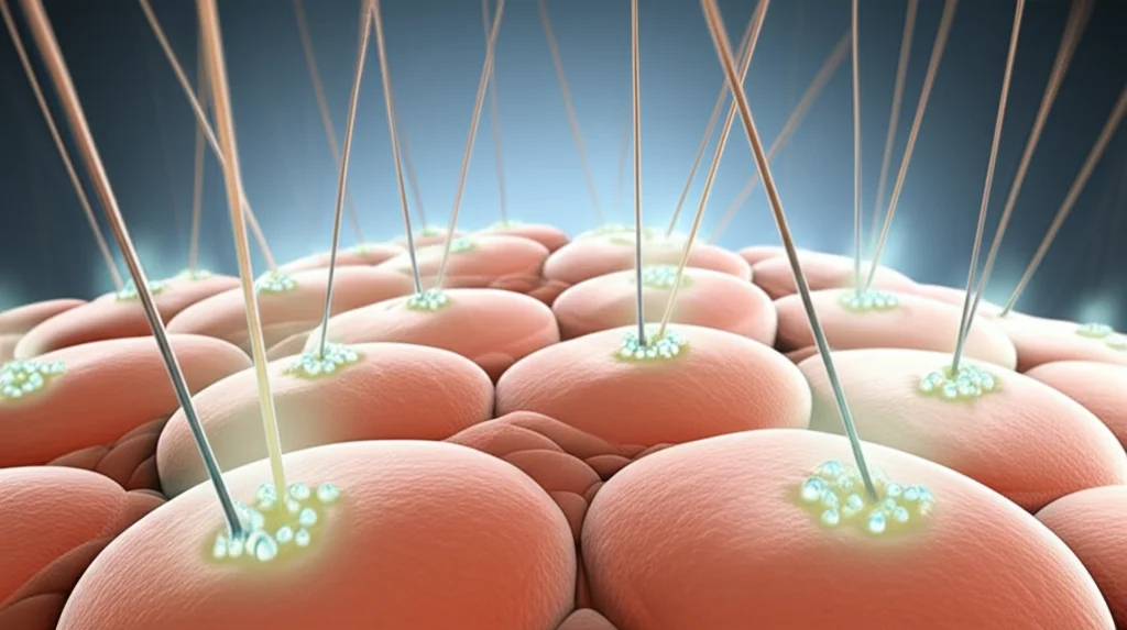 Immagine concettuale fotorealistica, obiettivo 50mm, che illustra il processo di terapia sonodinamica per il body sculpting: onde ultrasoniche stilizzate che convergono su microparticelle luminose (CaCO3:Ce) incastonate tra cellule adipose astratte sotto la pelle, illuminazione drammatica ma pulita, alta definizione, effetto profondità di campo.