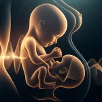 Immagine concettuale fotorealistica: un'ecografia fetale stilizzata sovrapposta a onde sonore astratte e luminose che sembrano penetrare dall'esterno verso il feto, all'interno di una sagoma materna appena accennata. Obiettivo 50mm, profondità di campo ridotta per focalizzare sul feto e le onde, illuminazione soffusa e misteriosa, toni blu e oro duotone.
