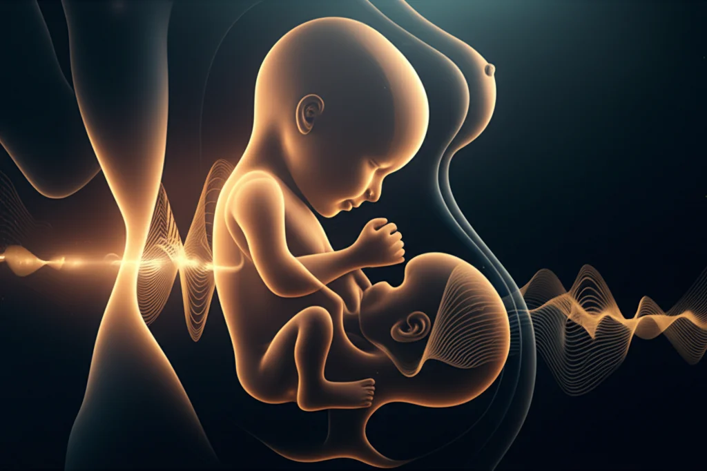 Immagine concettuale fotorealistica: un'ecografia fetale stilizzata sovrapposta a onde sonore astratte e luminose che sembrano penetrare dall'esterno verso il feto, all'interno di una sagoma materna appena accennata. Obiettivo 50mm, profondità di campo ridotta per focalizzare sul feto e le onde, illuminazione soffusa e misteriosa, toni blu e oro duotone.