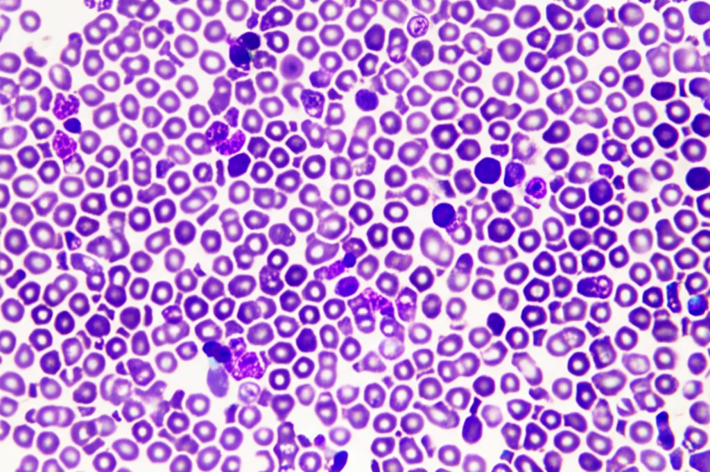 Immagine macrofotografica ad alto dettaglio di cellule del midollo osseo al microscopio, 105mm macro lens, illuminazione controllata da laboratorio, che simboleggia l'analisi della malattia minima residua (MRD) nella leucemia mieloide acuta (LMA) dopo il trapianto di cellule staminali.