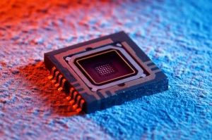 Primo piano macro, 80mm, di un sensore di pressione 4H-SiC leadless package su uno sfondo che evoca un ambiente industriale estremo con sfumature di calore rosso/arancio e freddo blu/ghiaccio, illuminazione controllata laterale per enfatizzare la texture, alta definizione.