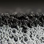Primo piano macro di una sezione trasversale di asfalto modificato SBS dopo invecchiamento naturale in regione geliva, illuminazione controllata laterale per evidenziare la texture, obiettivo macro 100mm, alta definizione dei dettagli della microstruttura polimerica leggermente degradata e delle micro-aggregati, sfondo sfocato.
