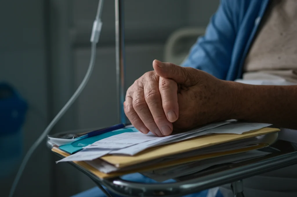 Primo piano sulle mani di un paziente anziano che stringono preoccupato delle bollette mediche o dei documenti finanziari, sfocato sullo sfondo un ambiente ospedaliero suggerito da una flebo o un lettino. Macro lens, 90mm, high detail, precise focusing, luce soffusa e leggermente drammatica che enfatizza la preoccupazione.
