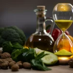 Una composizione still life vibrante con verdure fresche, frutta, noci e olio d'oliva (simbolo di dieta di qualità) accostati a una clessidra stilizzata e luminosa (simbolo dell'invecchiamento biologico rallentato). Macro lens 85mm, high detail, controlled lighting, colori caldi e invitanti, focus preciso sugli alimenti.