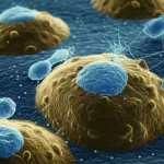 Immagine concettuale che mostra un grafico di sopravvivenza in ascesa sovrapposto a una micrografia di cellule immunitarie (linfociti) che interagiscono con cellule tumorali gastriche, illuminazione drammatica e scientifica, obiettivo prime 50mm, alta definizione, colori blu e oro duotone per simboleggiare la lotta e la speranza.