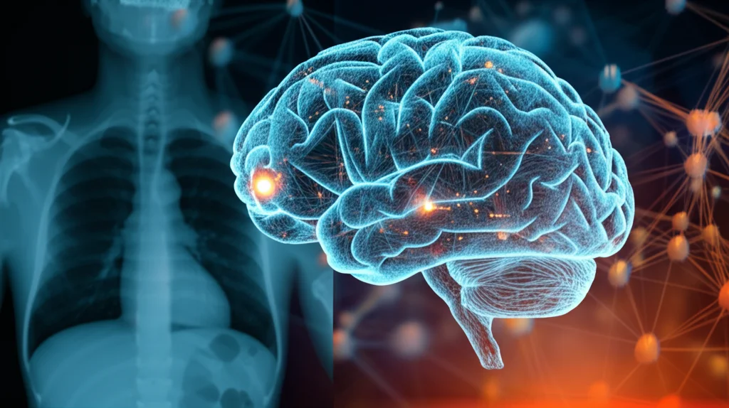 Immagine fotorealistica concettuale che illustra l'intelligenza artificiale (IA) che analizza immagini mediche polmonari (CXR e CT) per la classificazione della gravità del COVID-19. Si vede un cervello digitale stilizzato o una rete neurale sovrapposta a una scansione polmonare, con nodi luminosi che rappresentano l'elaborazione tramite Vision Transformer e ottimizzatori metaeuristici (GWO, PSO). Illuminazione high-tech, colori blu e arancioni duotone, obiettivo prime 50mm, profondità di campo per enfatizzare l'analisi IA.