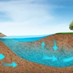 Immagine fotorealistica concettuale che mostra l'interconnessione tra un fiume stilizzato che scorre in superficie e la falda acquifera sottostante in una sezione di terreno trasparente. Evidenzia lo scambio di acqua all'interfaccia con frecce luminose. Stile landscape, grandangolo 20mm, messa a fuoco nitida, dettagli elevati del terreno poroso e dell'acqua fluente.