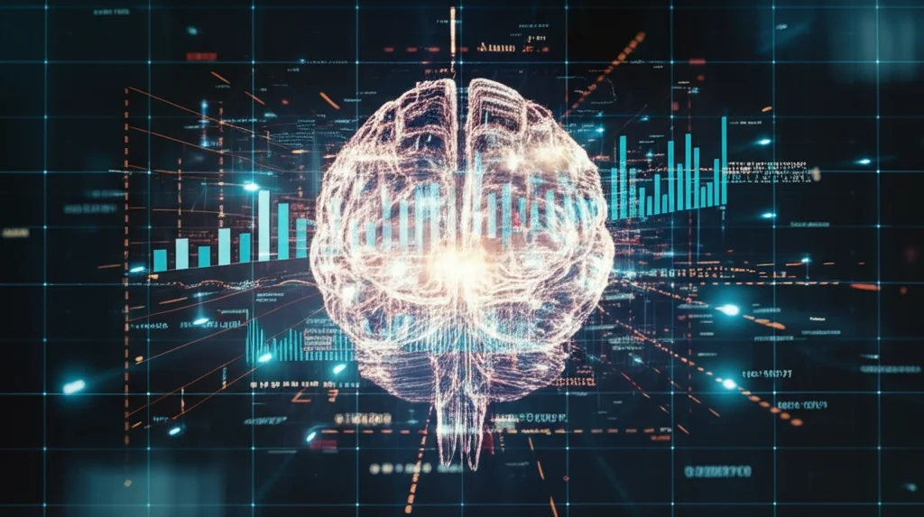 Un cervello stilizzato composto da grafici finanziari luminosi e frammenti di testo fluttuanti (rappresentanti dati price e non-price), sovrapposto a uno sfondo scuro astratto che simboleggia la complessità del mercato finanziario. Obiettivo grandangolare 24mm, illuminazione drammatica con contrasti netti, focus nitido sul cervello digitale, atmosfera high-tech.