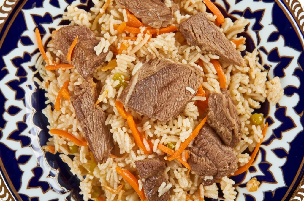 Un piatto complesso e tradizionale dell'Asia Centrale, forse Beshbarmak o Plov, fotografato dall'alto con un obiettivo macro 105mm. L'illuminazione è controllata, quasi da studio, per esaltare la texture della carne, del riso o della pasta e delle verdure. Alta definizione e messa a fuoco estremamente precisa sui singoli ingredienti.