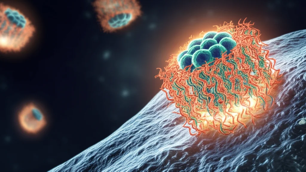 Visualizzazione artistica di nanoparticelle ibride d'argento multistrato che rilasciano siRNA e quercetina verso cellule di cancro al seno triplo negativo, con un effetto luminoso che ne indica l'attività terapeutica. Macro lens, 80mm, high detail, precise focusing, controlled lighting, colori vibranti su sfondo scuro.