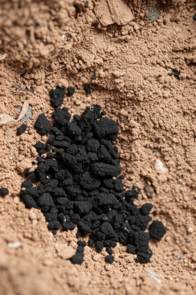 Close-up macro scatto di particelle di biochar scuro miscelato con polvere di argilla bentonite più chiara all'interno di un campione di terreno calcareo brunastro, dettagli elevati, messa a fuoco precisa, illuminazione controllata, lenti macro da 100 mm. L'immagine evidenzia la trama e l'interazione dei materiali di bonifica all'interno della matrice del suolo.