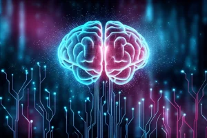 Illustrazione concettuale dell'apprendimento gerarchico contrastivo applicato alla classificazione del testo multi-etichetta, mostrando un albero di etichette stilizzato e luminoso i cui rami si trasformano in percorsi di dati che convergono verso un cervello digitale centrale. Stile object photography, macro lens 100mm, high detail, precise focusing, sfondo astratto blu e viola.