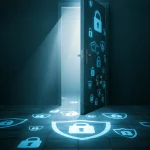 Illustrazione concettuale di una porta semiaperta di una escape room da cui fuoriesce luce digitale bluastra, proiettando simboli di lucchetti e scudi sul pavimento antistante; simboleggia l'apprendimento sulla privacy digitale che emerge dal gioco, stile fotorealistico, lente grandangolare 24mm, atmosfera misteriosa ma invitante con contrasto tra buio e luce.