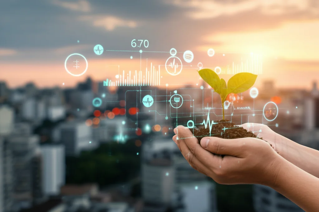 Immagine concettuale fotorealistica: una mano che tiene delicatamente una piantina verde brillante che cresce da un terreno fertile, con sullo sfondo sfocato un panorama urbano diversificato di Brasilia al tramonto e grafici stilizzati luminosi che simboleggiano dati sulla salute ambientale. Obiettivo prime 50mm, profondità di campo ridotta per focalizzare sulla mano e la pianta, luce naturale calda del tramonto.